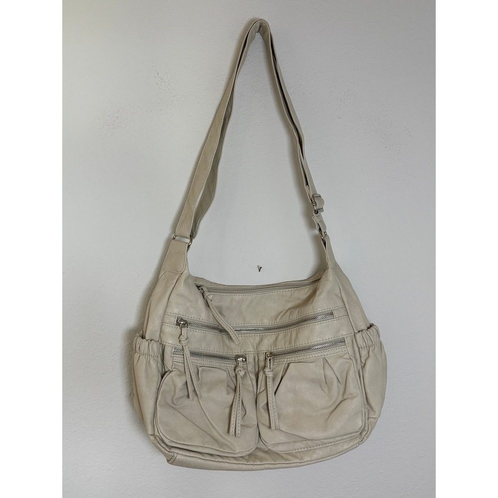 Bueno Cream Faux Leather Multi Pocket Crossbody Hobo Bag Adjustable Strap